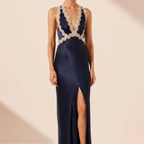 SHONA JOY - Camille Lace Cross Back Maxi Dress - Deep Midnight/Ivory