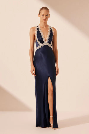 SHONA JOY - Camille Lace Cross Back Maxi Dress - Deep Midnight/Ivory