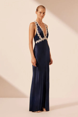 SHONA JOY - Camille Lace Cross Back Maxi Dress - Deep Midnight/Ivory