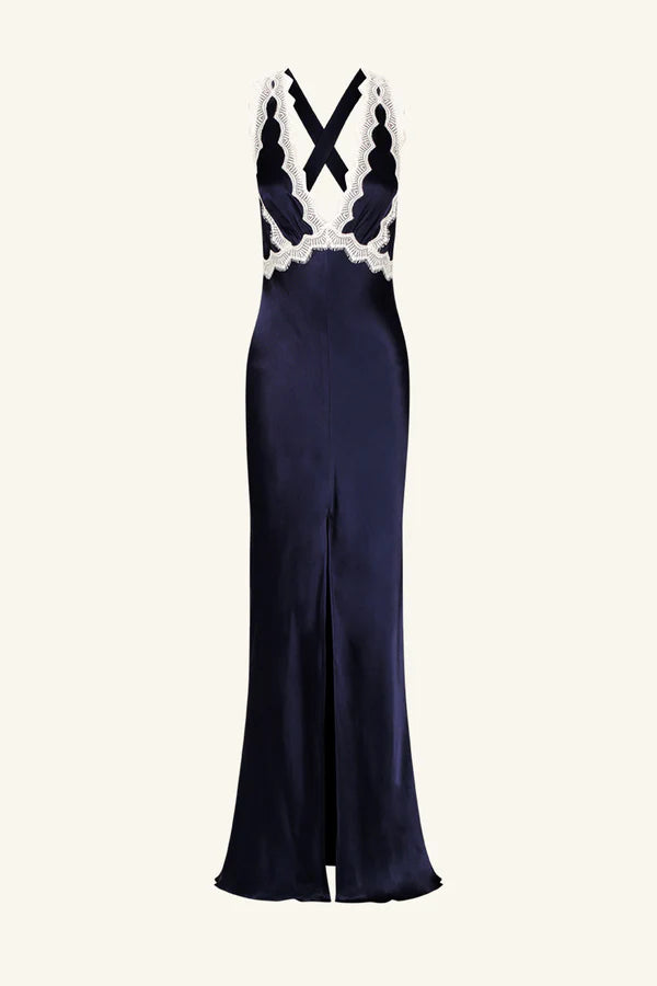 SHONA JOY - Camille Lace Cross Back Maxi Dress - Deep Midnight/Ivory