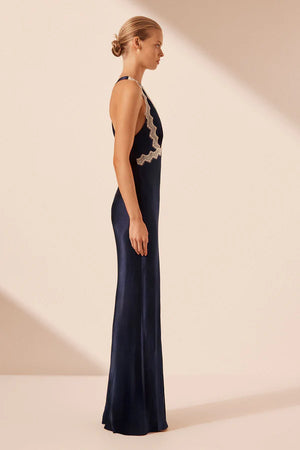 SHONA JOY - Camille Lace Cross Back Maxi Dress - Deep Midnight/Ivory