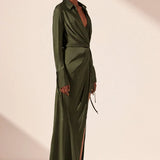 SHONA JOY - Shae Draped Shirt Maxi Dress - Pine Green