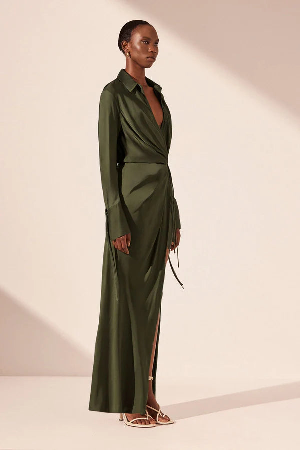 SHONA JOY - Shae Draped Shirt Maxi Dress - Pine Green