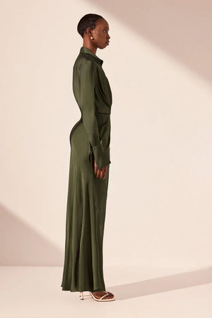 SHONA JOY - Shae Draped Shirt Maxi Dress - Pine Green