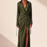 SHONA JOY - Shae Draped Shirt Maxi Dress - Pine Green