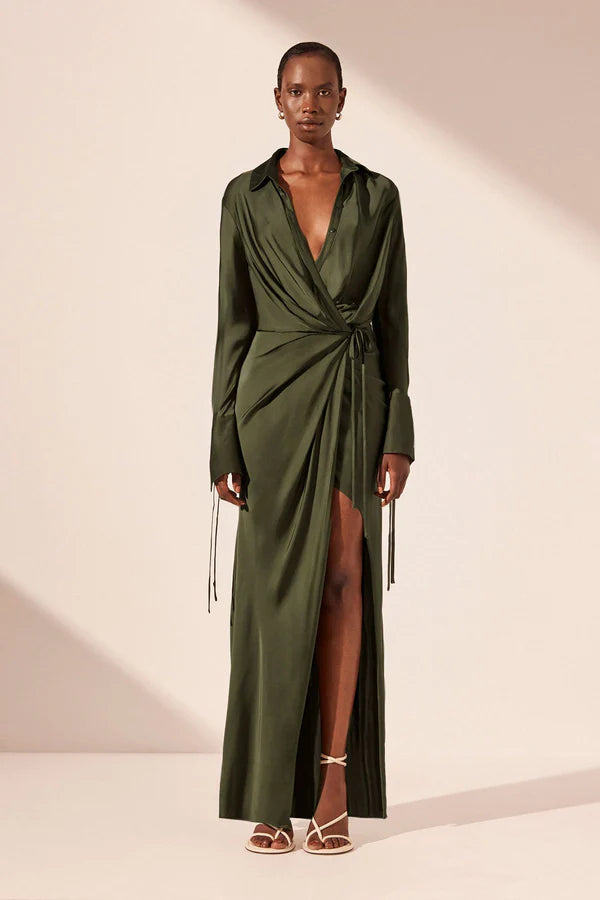 SHONA JOY - Shae Draped Shirt Maxi Dress - Pine Green