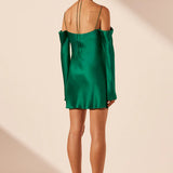 SHONA JOY - Elle Silk Off The Shoulder Tie Mini Dress - Emerald Green