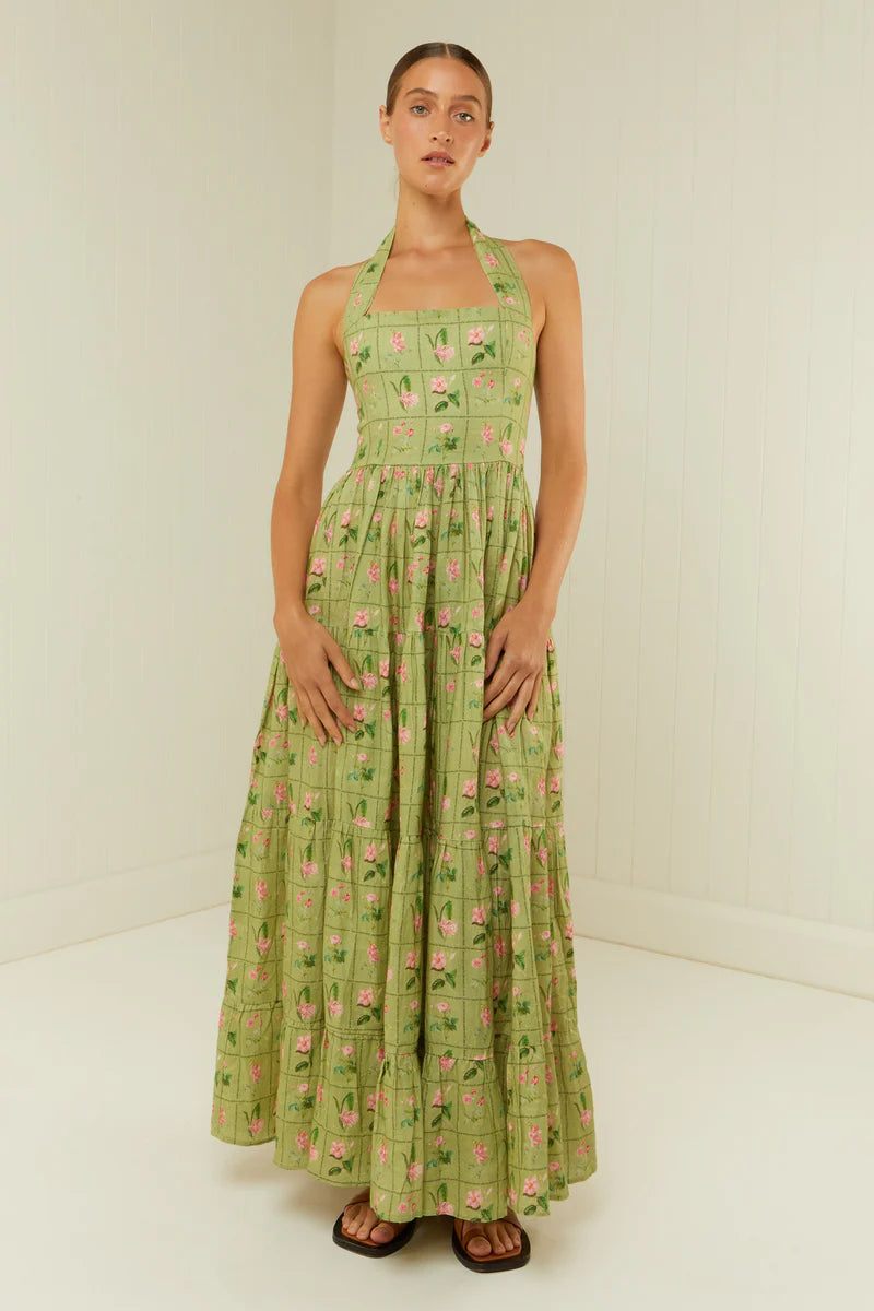 PALM NOOSA - Willow Dress - Green Floral Tile