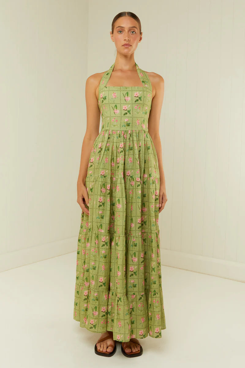 PALM NOOSA - Willow Dress - Green Floral Tile