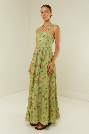 PALM NOOSA - Willow Dress - Green Floral Tile