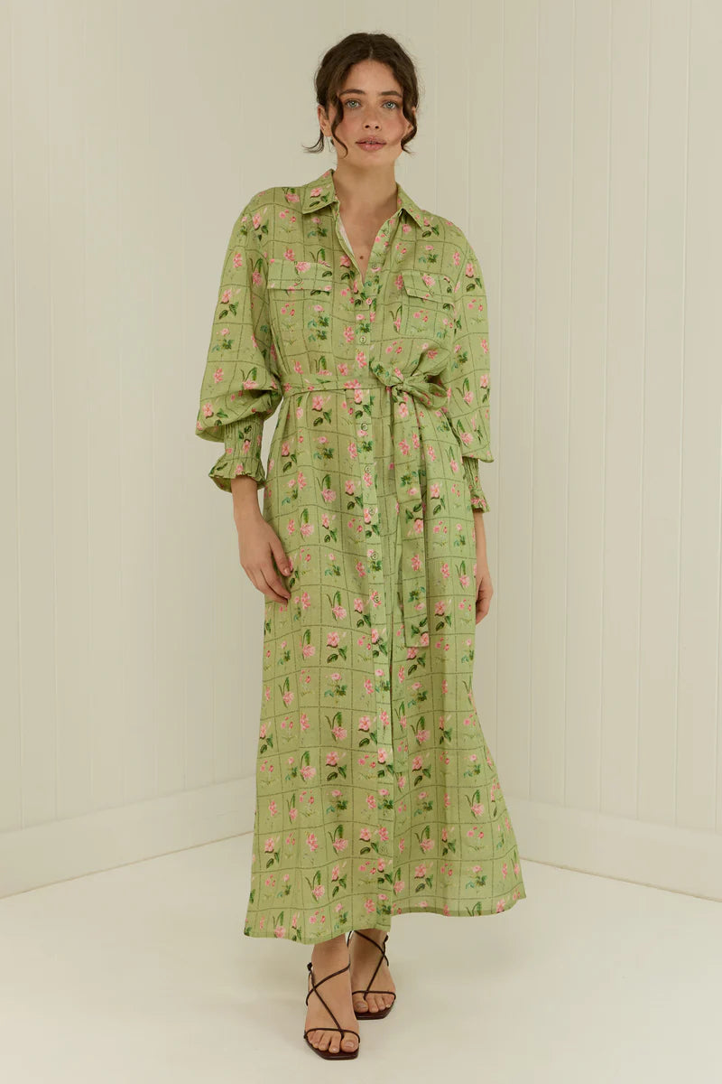 PALM NOOSA - Marigold Dress - Green Floral Tile