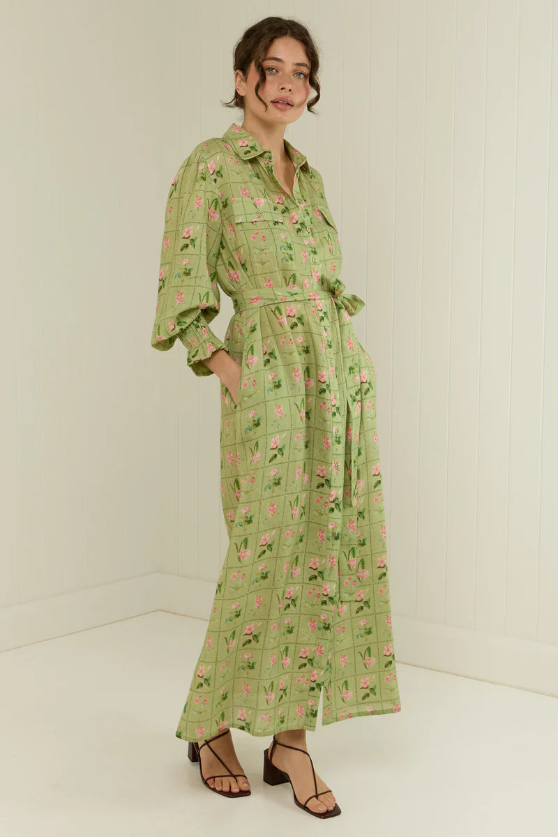 PALM NOOSA - Marigold Dress - Green Floral Tile