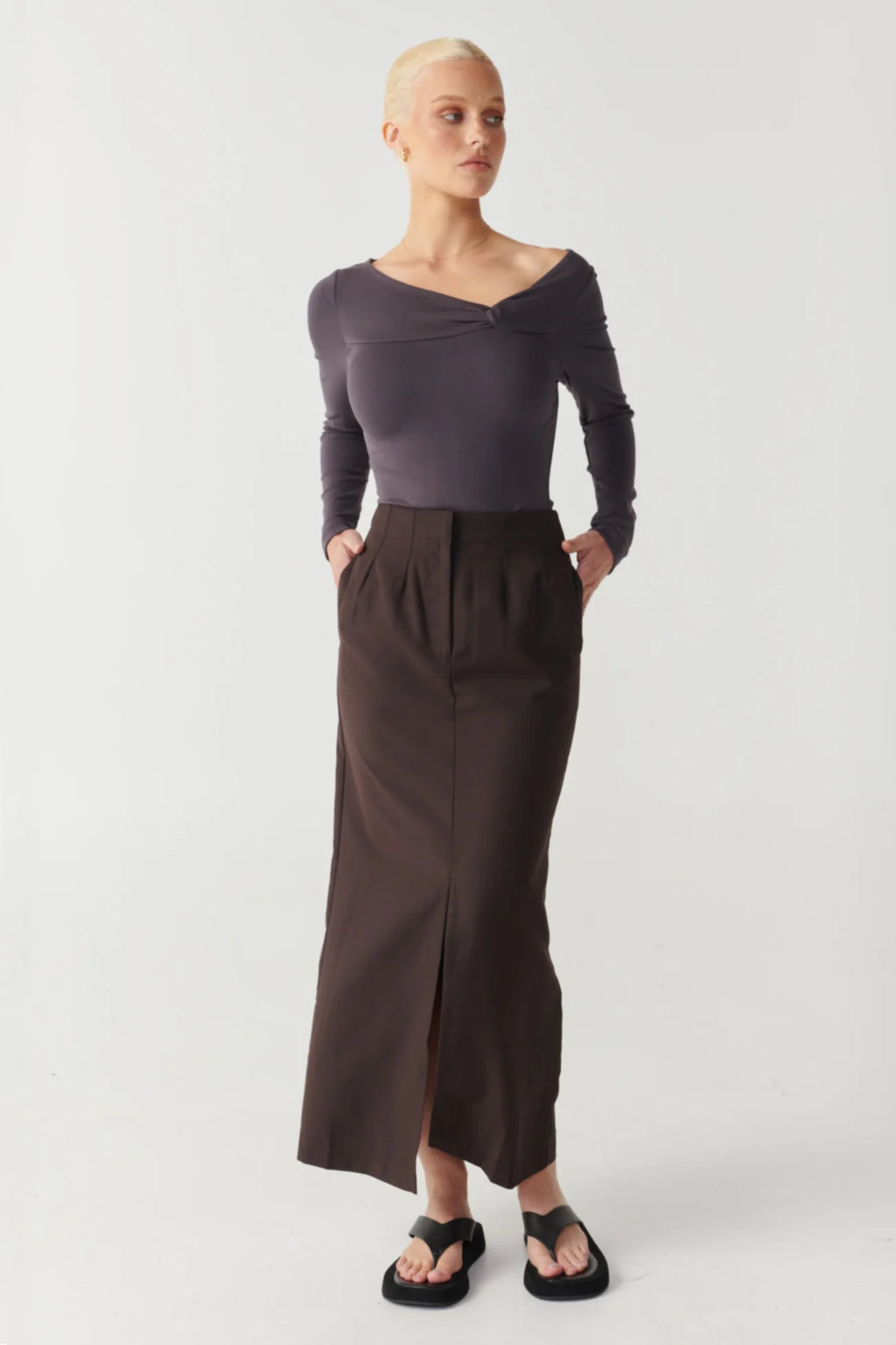 RAEF THE LABEL - Zoe Split Midi Skirt - Espresso