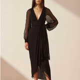 SHONA JOY - Isola Plunged Long Sleeve Midi Dress - Black