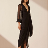 SHONA JOY - Isola Plunged Long Sleeve Midi Dress - Black