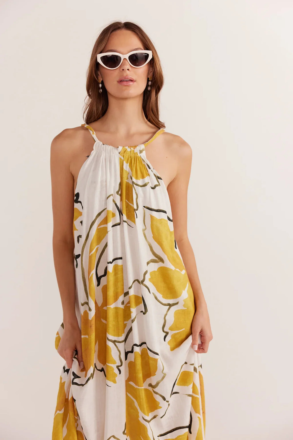 MINK PINK - Zuri Halter Neck Maxi Dress - White Palm